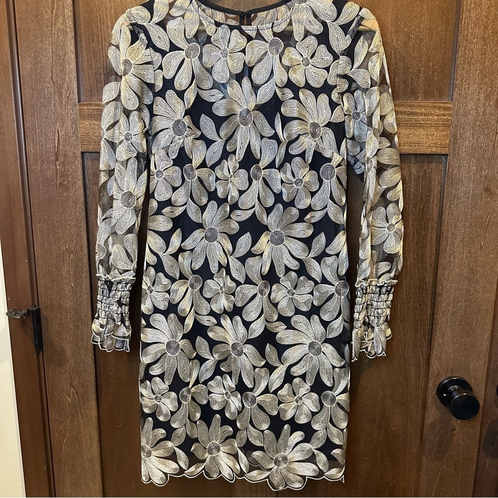 Trina Turk Black Mini Dress with Cream Floral Lace - Picture 2 of 9